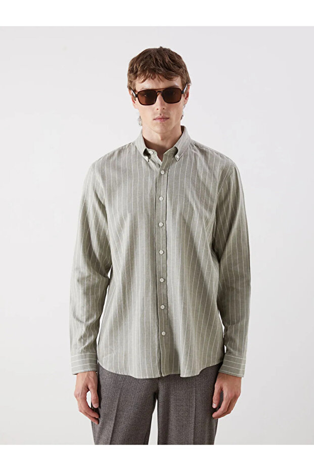 Regular Fit Uzun Kollu Çizgili Erkek Gömlek - 3