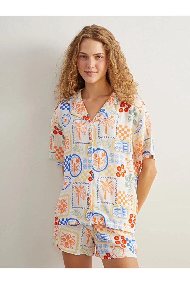 Gömlek Yaka Desenli Kadın Şortlu Pijama Takımı - 5