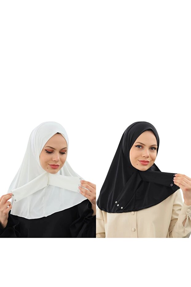 Women Snap Button Lycra Ninja Instant Hijab, Jersey Fabric- Black & White Set