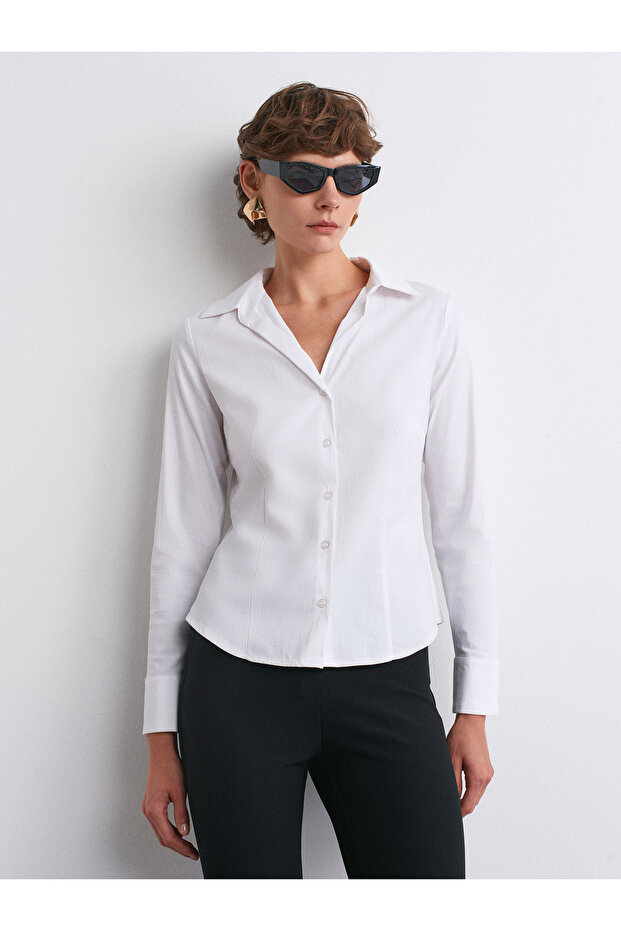 50513 Vücuda Oturan Basic Gömlek-Beyaz - 3