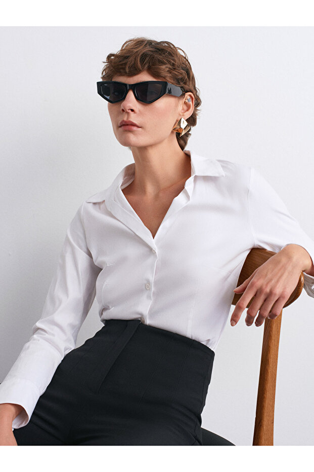 50513 Vücuda Oturan Basic Gömlek-Beyaz - 1