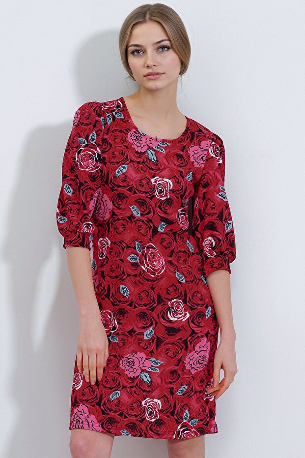 BDART Üç Çeyrek Kol Boyalı Çiçekli Midi Elbise - 1