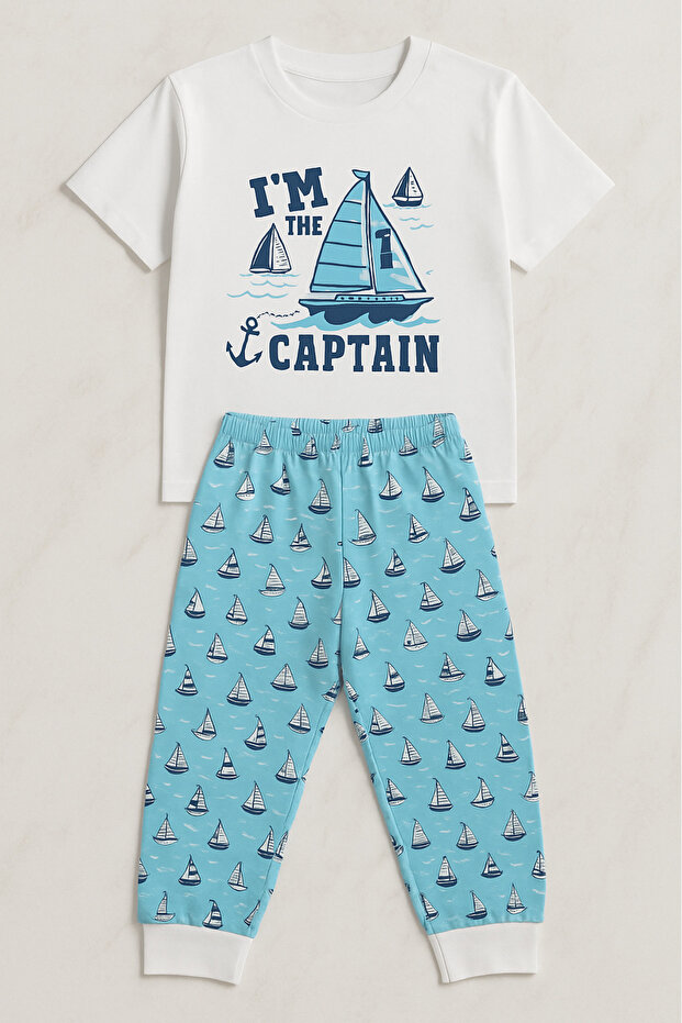Boys' Cotton Short Sleeve Pajama Set – Blue with Sailboat Pattern