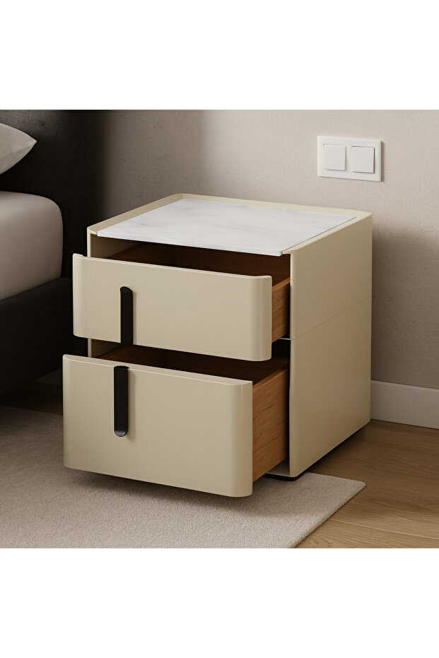 Bedside Table – Wooden Side Table with 2 Drawers, Marble Top, Classic Handle Design, Beige
