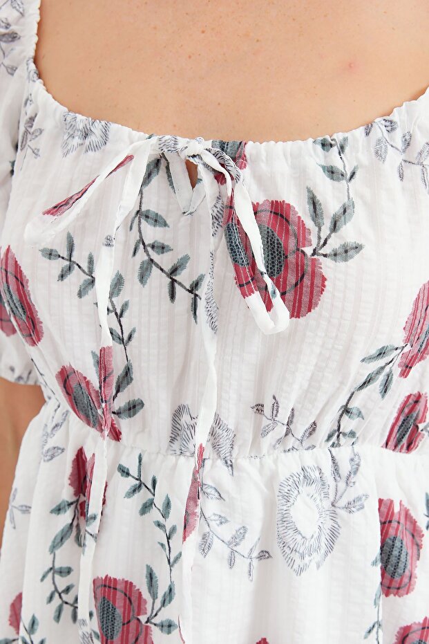 Bdart Floral Mini Dress with Square Neckline and Bow Detail - 4