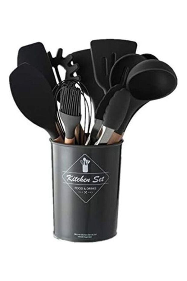 11-Piece Silicone Wooden Handle Kitchen Utensil Set With Holder Black/Brown One Size