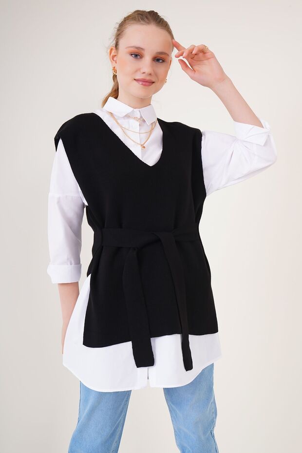 Bdart V Neck Acrylic Knit Sweater with Lace-Up Closure