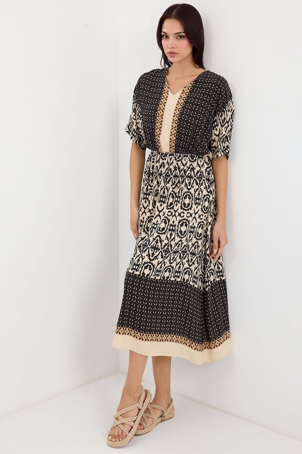 BDART V Yaka Astarlı Desenli Midi Elbise - 4