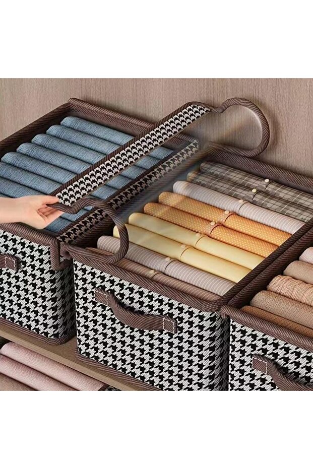 Storage Box, Flippy, Transparent Lid, Checkered Pattern, Large Pattern, Brown - 2