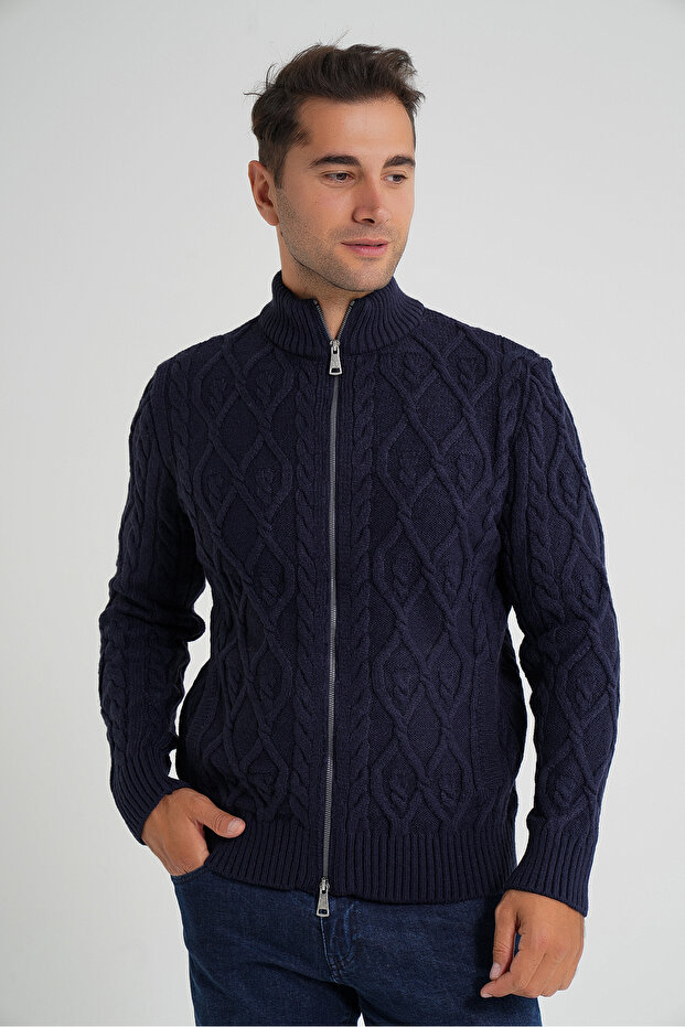 Men's Navy Blue Zippered Walking Hair Braided Wool Cardigan with Pockets Trist-5355