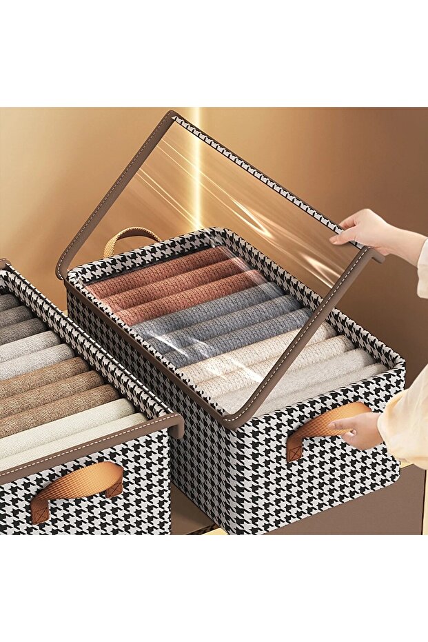 Storage Box, Flippy, Transparent Lid, Checkered Pattern, Large Pattern, Brown - 8