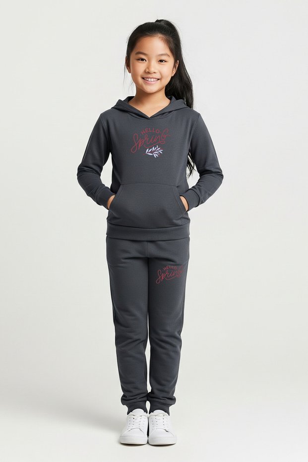 Hello Spring Printed Girls Tracksuit Set with Hooded Kangaroo Pockets