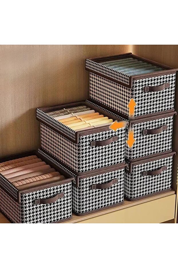 Storage Box, Flippy, Transparent Lid, Checkered Pattern, Large Pattern, Brown - 6