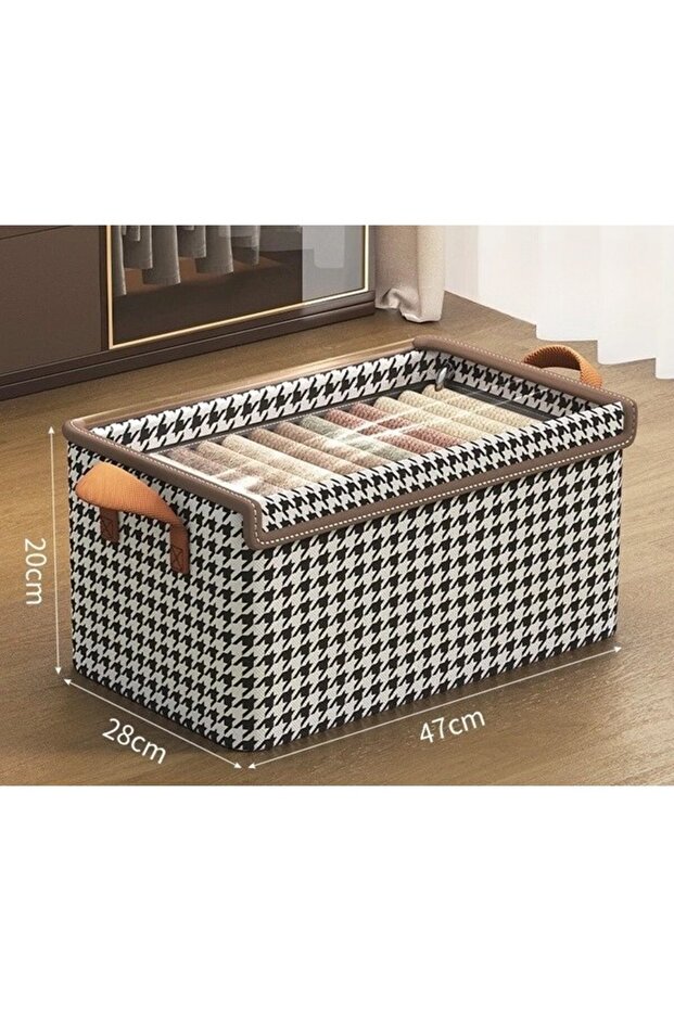 Storage Box, Flippy, Transparent Lid, Checkered Pattern, Medium, Brown - 2