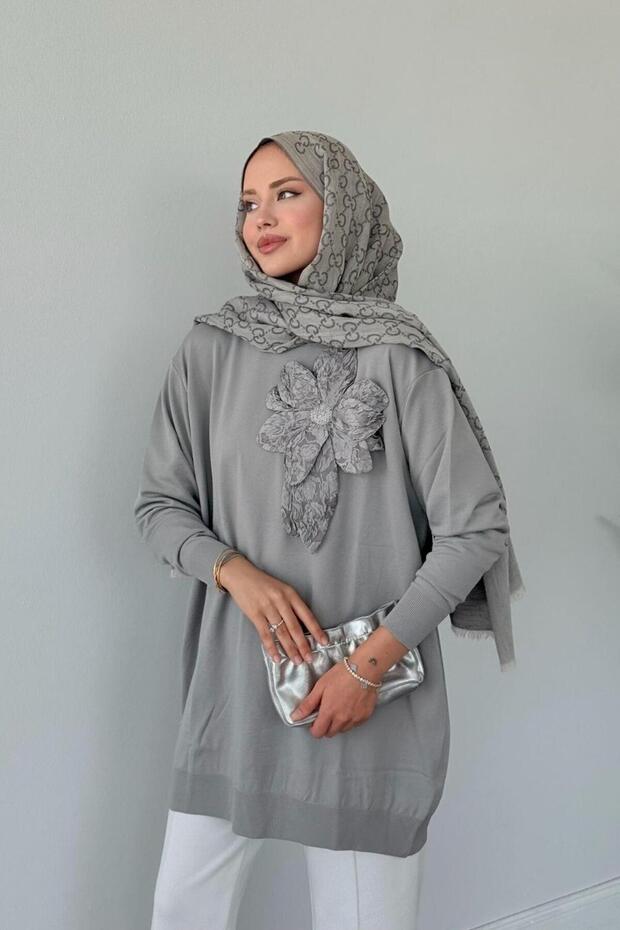 Merserize Çiçekli Tunik Gri - 4
