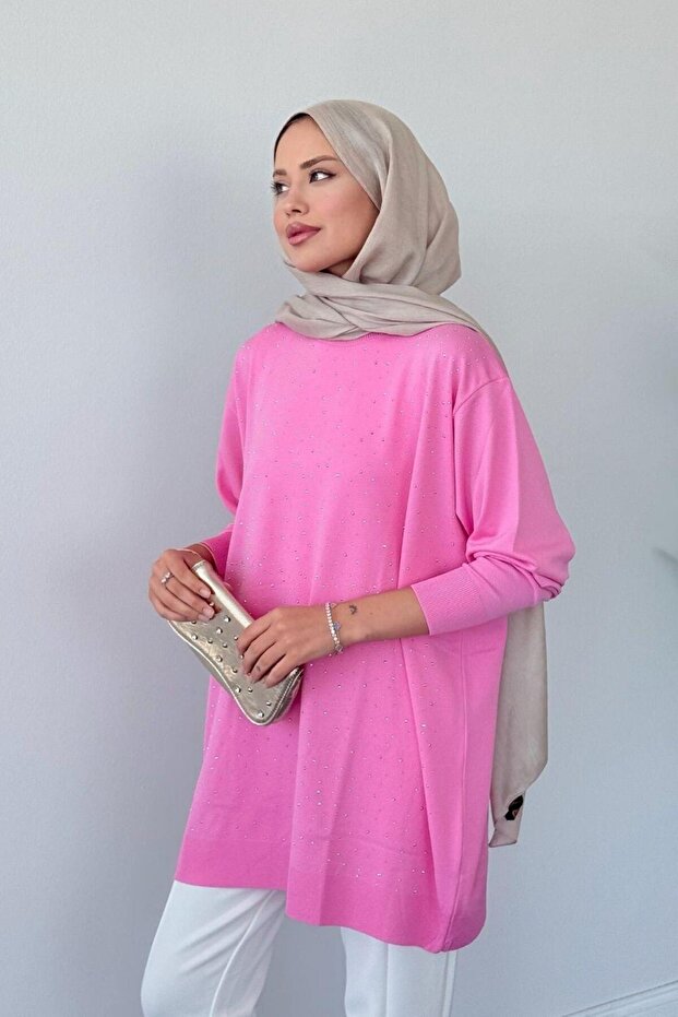 Merserize Taşlı Tunik Pembe - 2