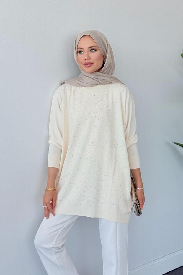 Merserize Taşlı Tunik Krem - 3