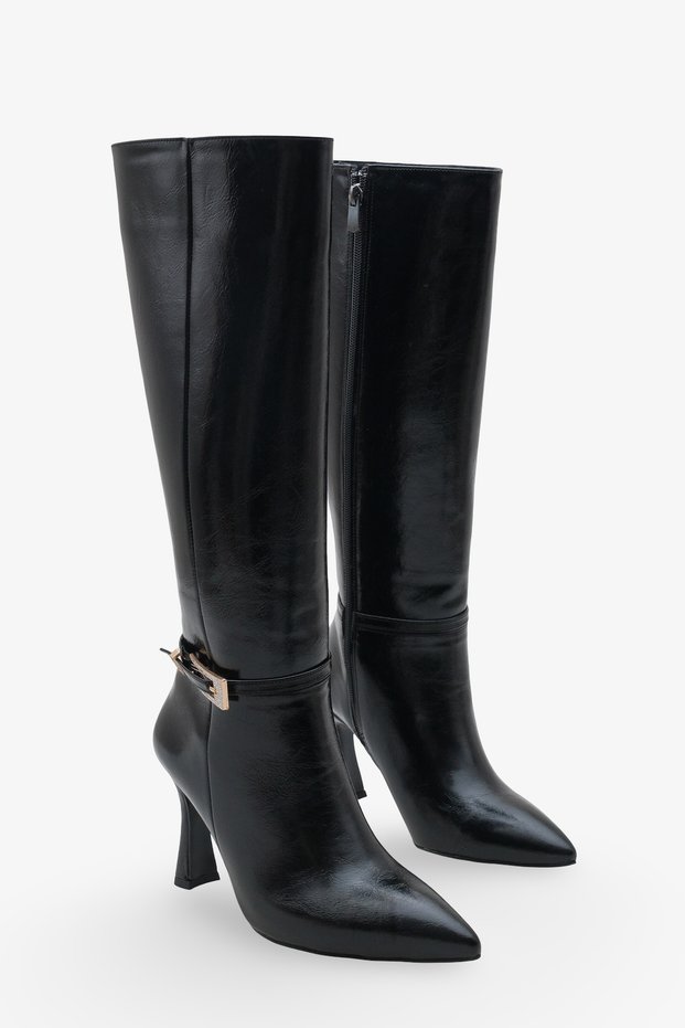 Women's Buckled Side Zipper Heeled Pointed Toe Casual Boots Kilves Black