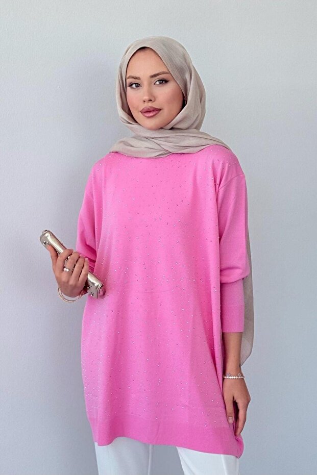 Merserize Taşlı Tunik Pembe - 4
