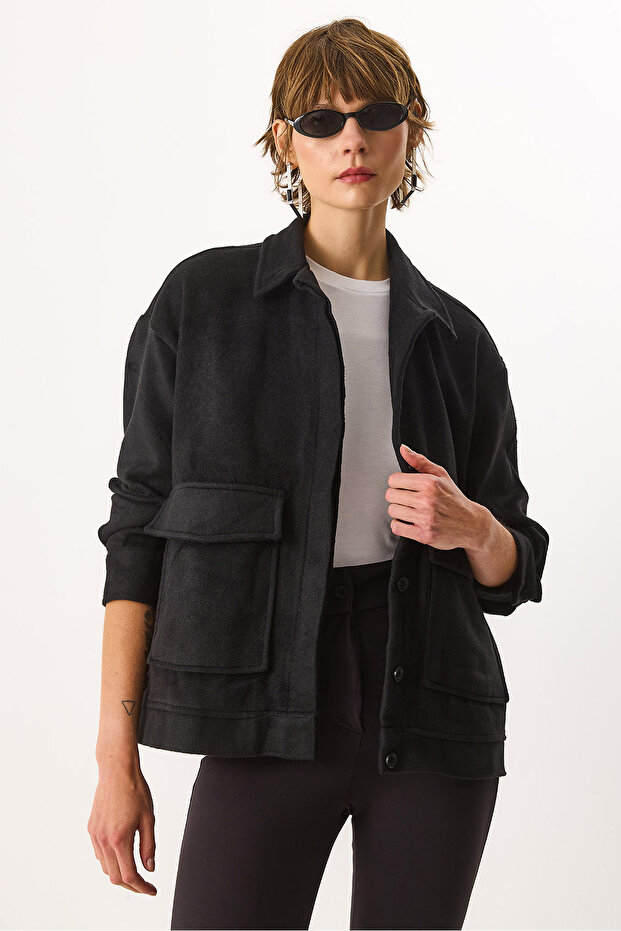 Regular Fit Kaşe Ceket - SİYAH - 7