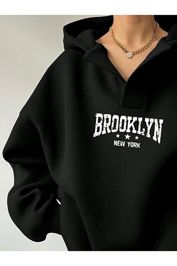 Unisex V-Yaka Baskılı Kapüşonlu Basic Oversize Swetshirt - 2