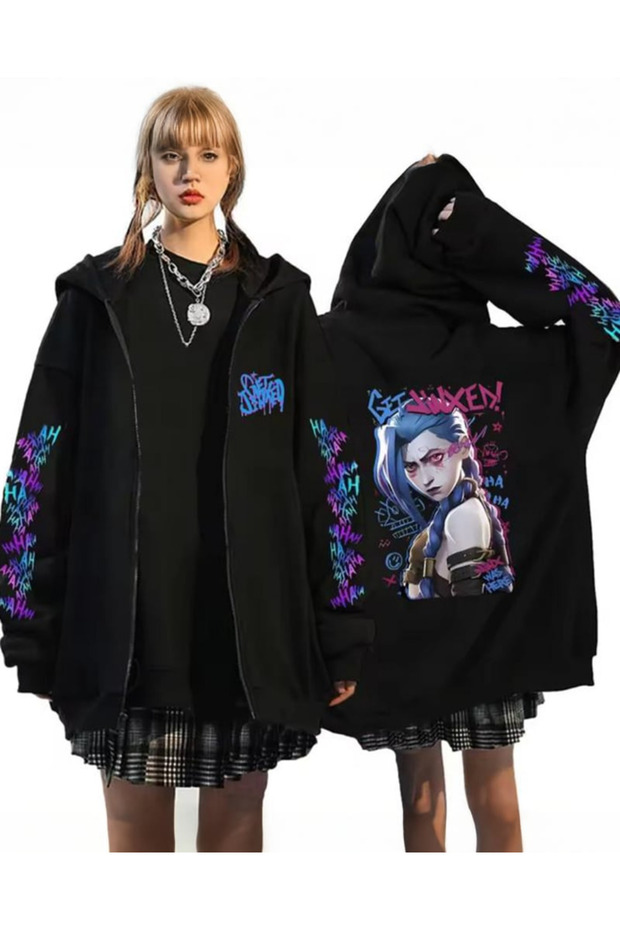 Arcane Jinx Y2K Oversize Fermuarlı Siyah Unisex Kapüşonlu Hırka - 1