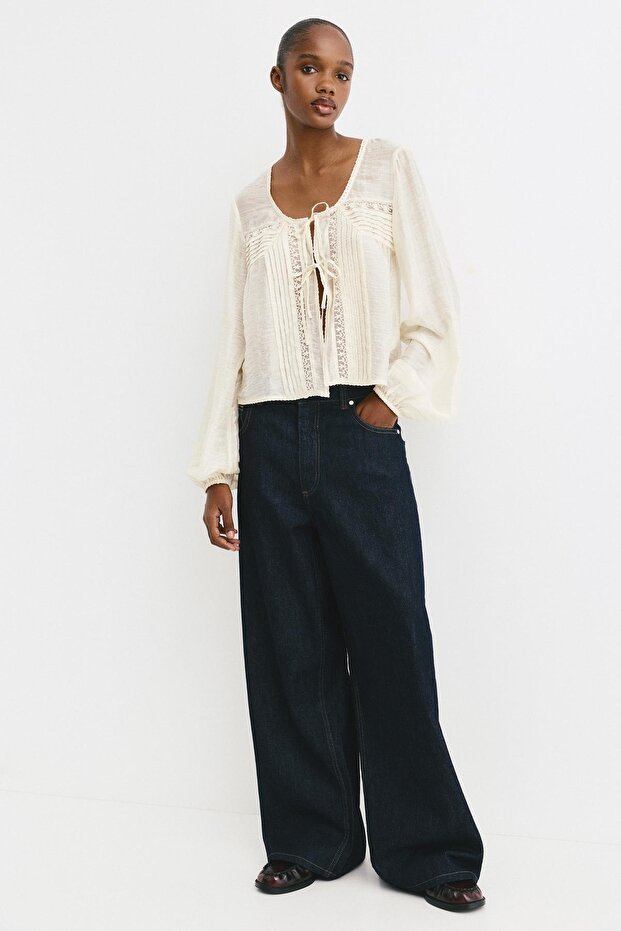 Dantelli bağcıklı bluz - 3