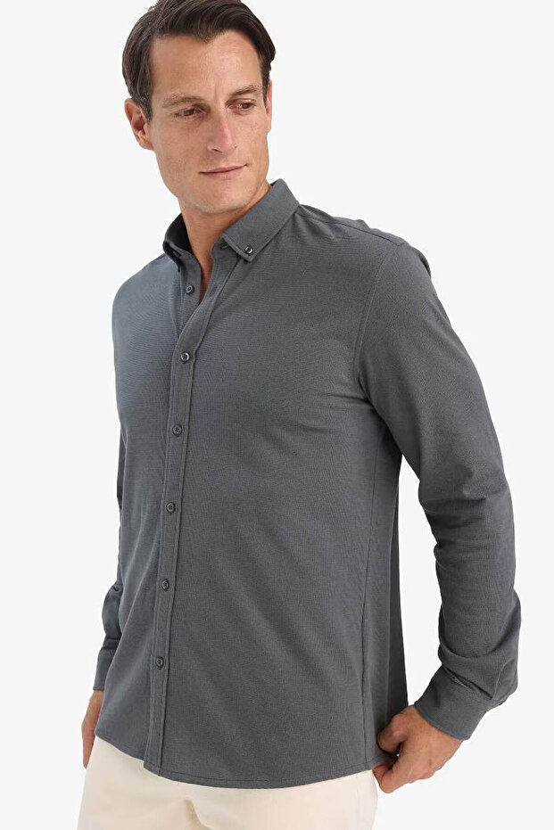 Regular Fit Polo Collar Textured Green Men's Shirt E9586Ax/Gn1155