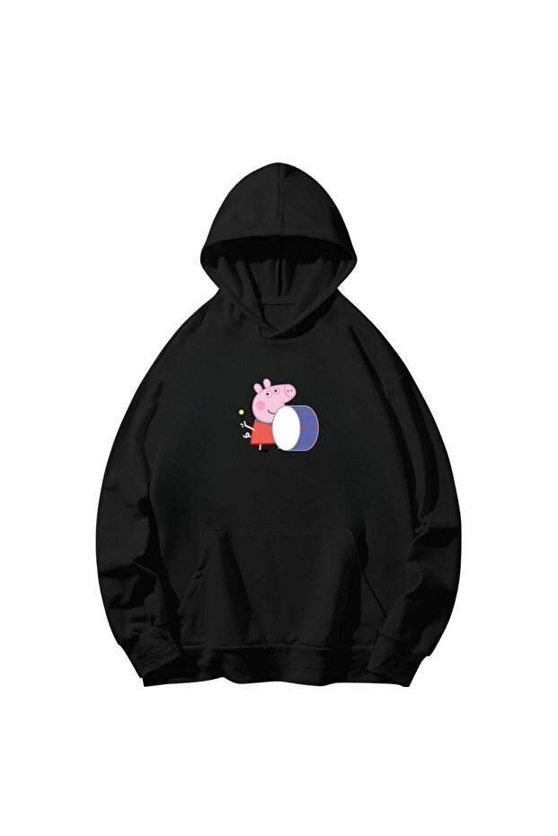 Pig Printed Cotton Hooded Long Sleeve Sweatshirt