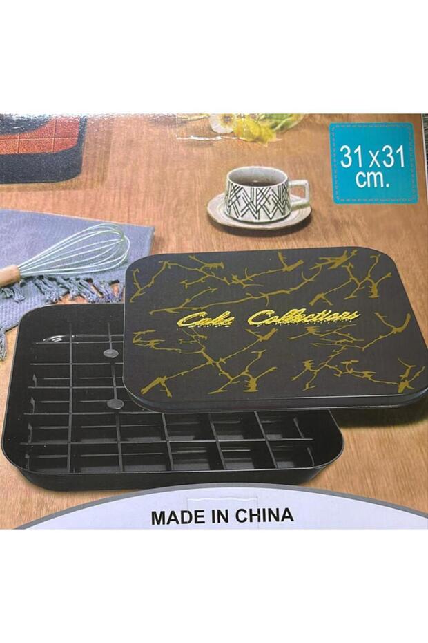 Black square serving and baking tray, 31 x 31 cm, non-stick, with plastic dividers for basbousa, sweets, and cakes