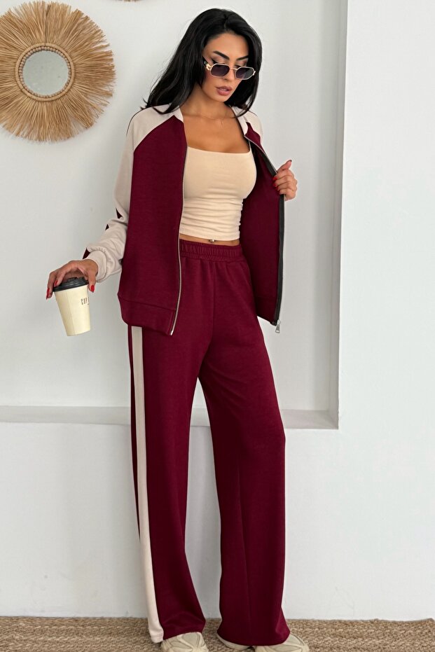 Women's Paneled Mandarin Collar Detailed Zip-Up Sporty Chic Modal Set