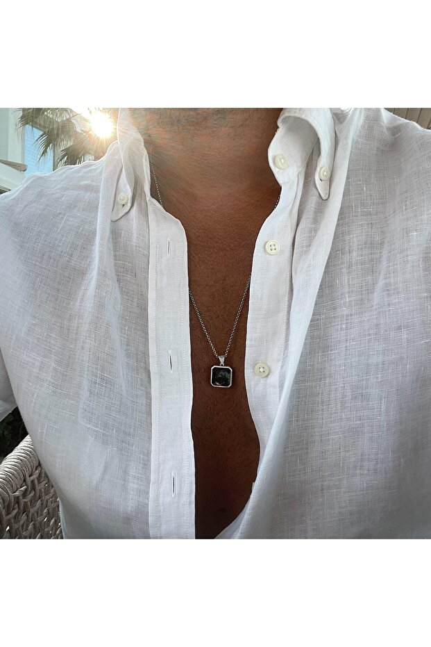 Mineli Kare Gümüş Kolye - 1