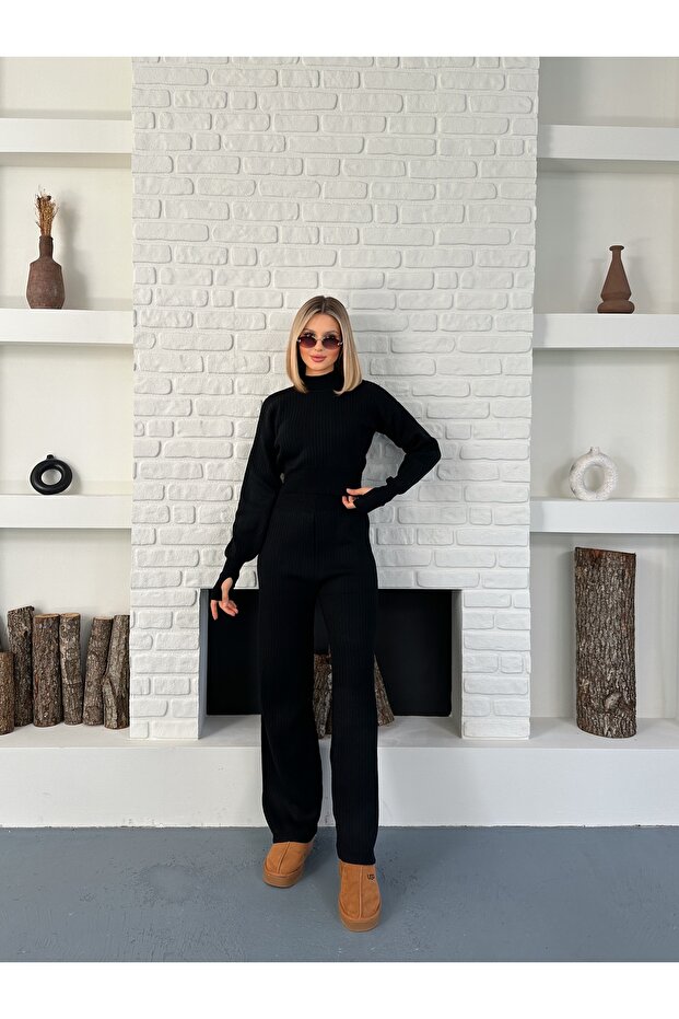 Women's Black Half-High Neck Knitwear Top and Bottom Set