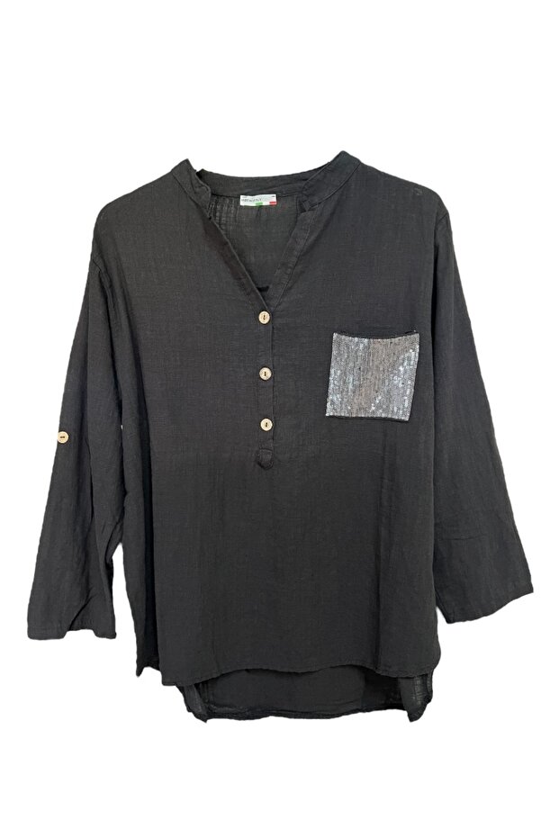 100% Organic Cotton Washable - Comfortable Fit Women's Blouse with Sequin Pockets