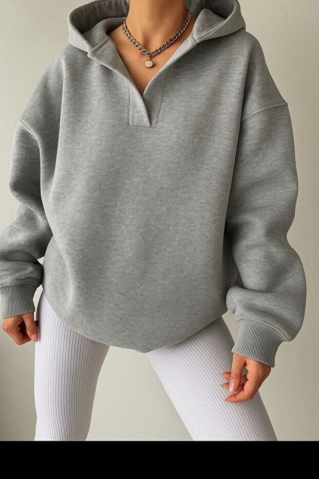 Unisex V-Yaka Kapüşonlu Basic Oversize Swetshirt - 1