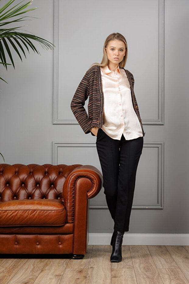 Buttoned cardigan, brown with multi-colored inserts - 5