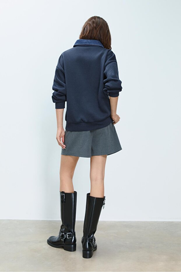 Denim yakalı sweatshirt - 4