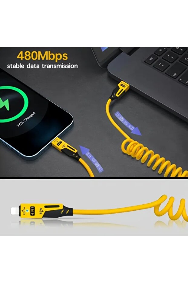 65W Çoklu 4in1 USB Type-C ve Lightning Spiral Şarj ve Data Kablosu 1.5m - 4