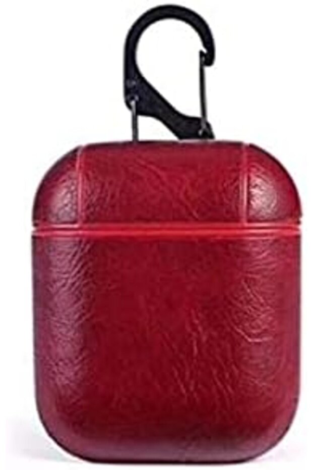 Apple AirPods Leather Case Protective Shell with Hook Keychain for Charging Case - Red - 2