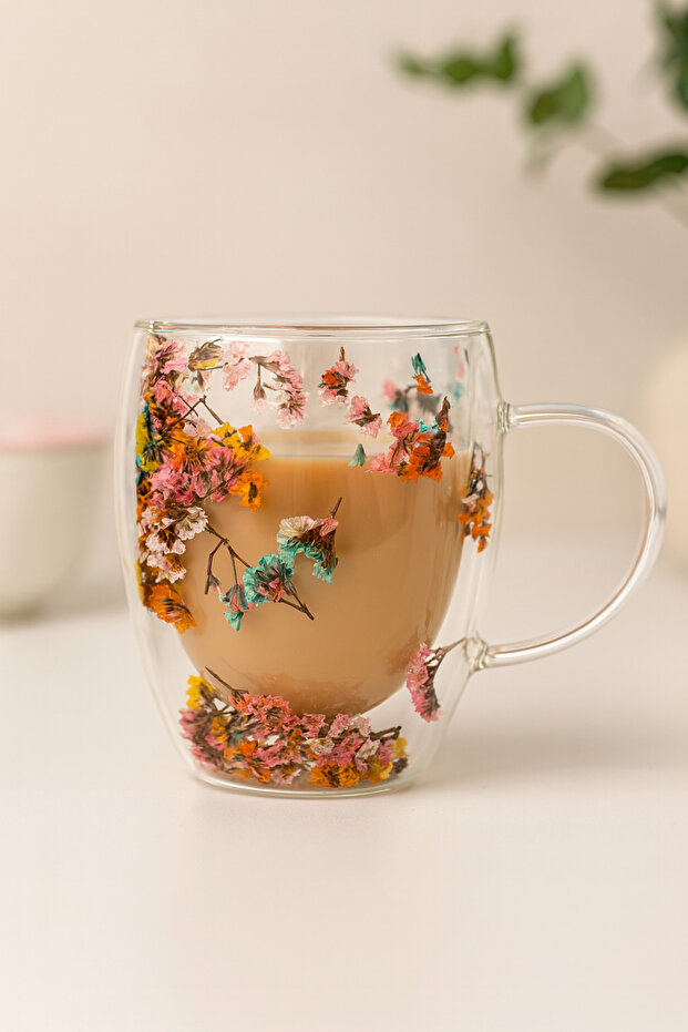 250ml Isıya Dayanıklı Borosilikat Çift Çidarlı Kuru Çiçekli Bardak | Çiçekli Kahve Sunum Bardağı - 1