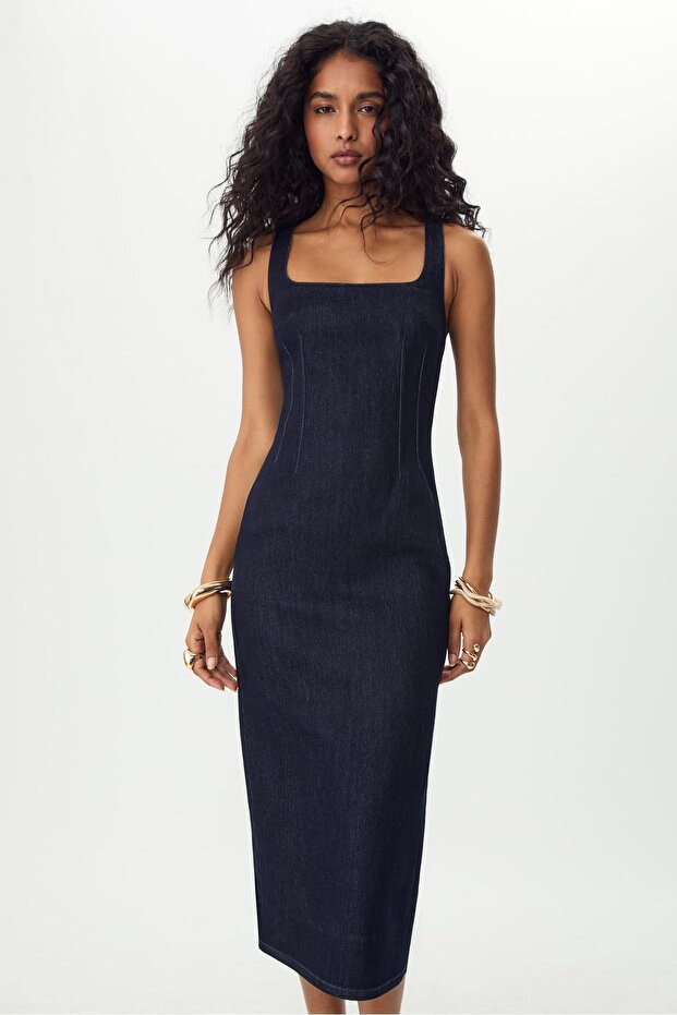 Denim midi elbise - 1