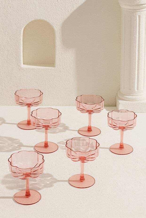 6 Adet Çiçek Pembe Şekilli Kahve Sunum ve Kokteyl Bardağı Magnolia Bardağı ve Tatlı Kasesi - 1