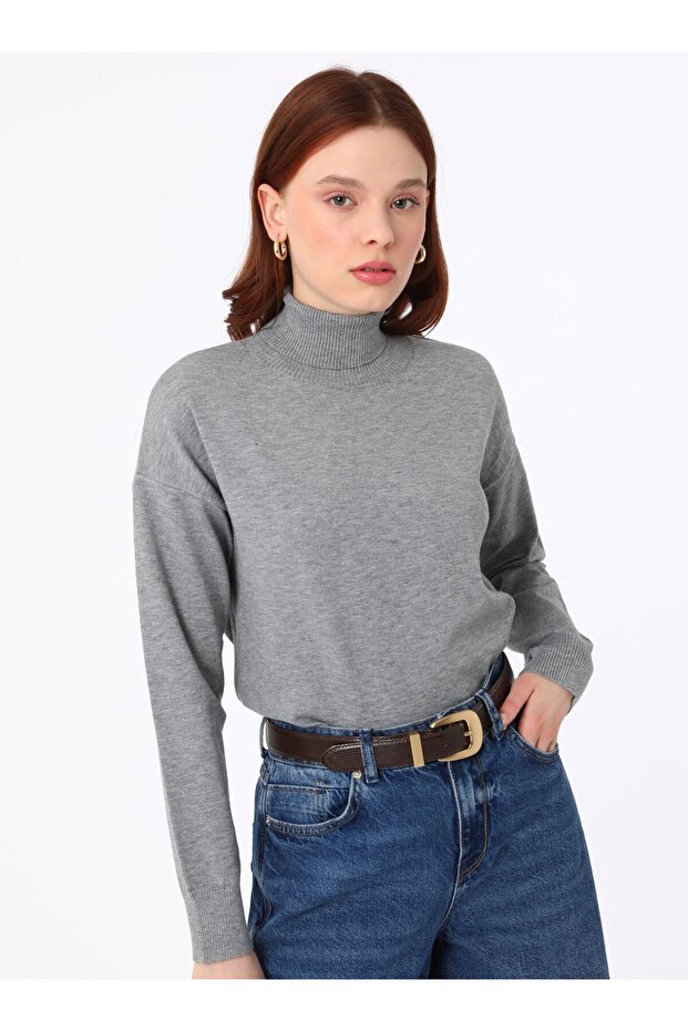 Yumuşak Tuşeli Basic Bağazlı Triko Kazak - Gri - - 2