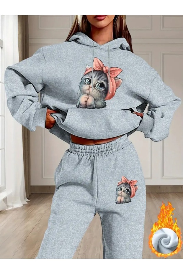 Women's Cute Cat Printed Top and Bottom Oversized Women's Hooded Gray Black Tracksuit Set