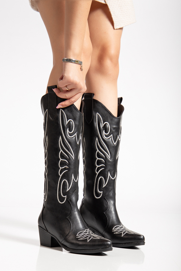 Women's Western Cowboy Embossed Double Color Embroidery Detailed Long Boots