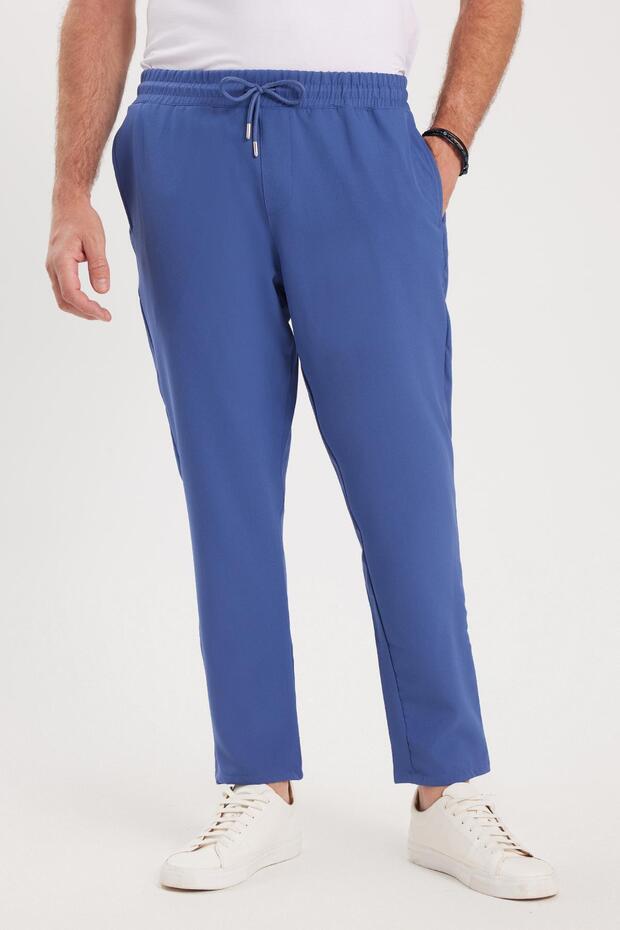 Men's Regular Fit Elastic Waist Lace-Up Jogger Indigo Pants Relaxed Fit Side Pockets