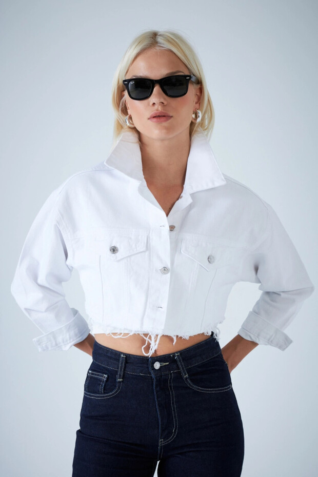 Women's White Short Denim Jacket Tss103