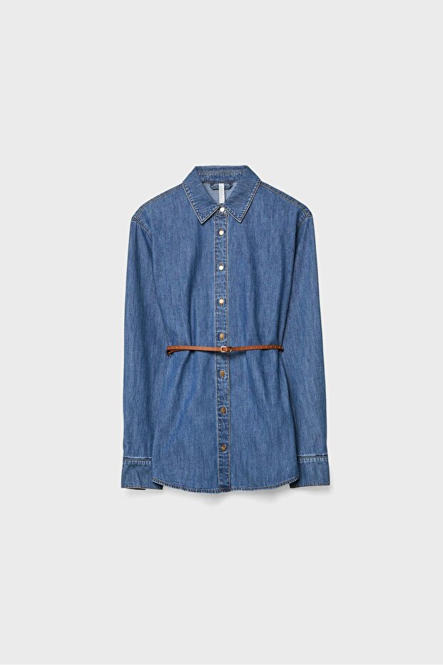 Kemerli denim gömlek - 5