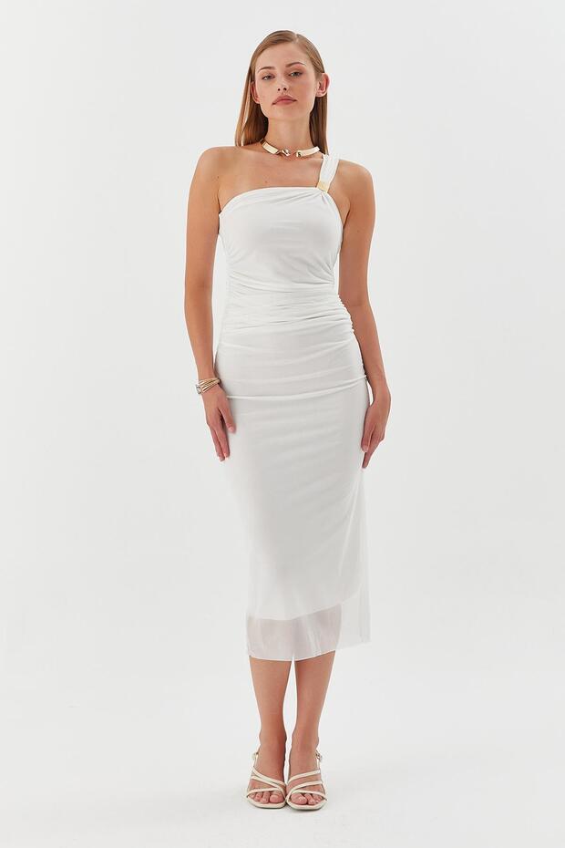 Single Strap Buckle Midi Tulle Dress White