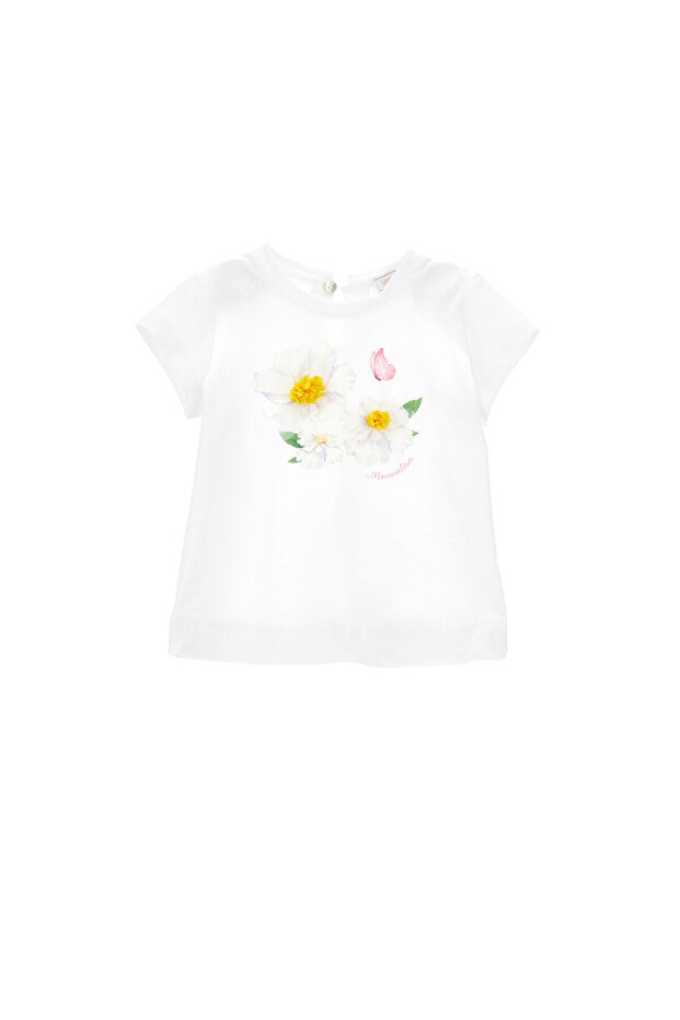 Girl's White Button-Down T-Shirt with Flower and Butterfly Print